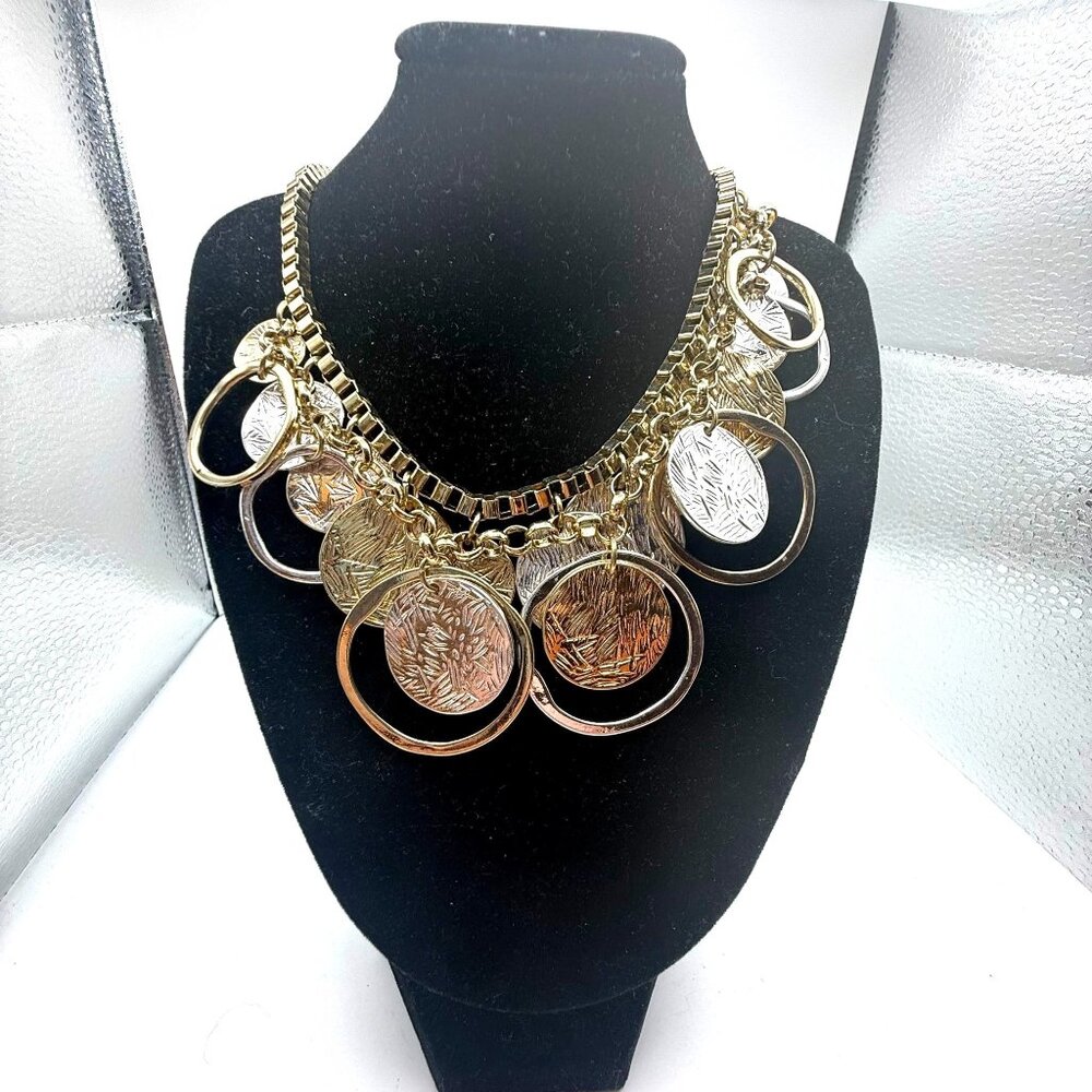 Avenue Statement Coin Necklace Gold Tone Hammered Disc Bib Necklace Boho 21"
